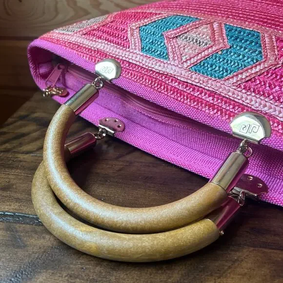 Hot Pink Woven Straw Tote Wood Handles Resort Bag Made in Italy NWOT Piergiorgio - Picture 14 of 16